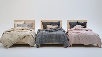 Three beds with different bedding styles.