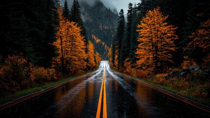 Fototapeta premium A Tranquil Scene of a Wet Road after Rainfall with Glimmering Reflections on the Surface Evoking a Sense of Calm and Serene Atmosphere in Nature