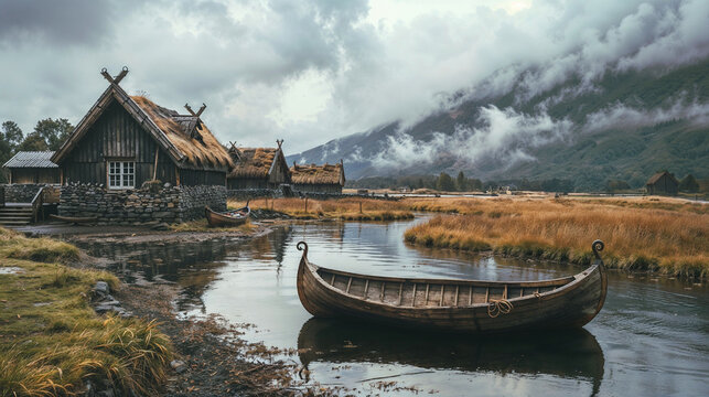 Traditional Viking village with turf-roofed wooden houses and stone foundations alongside peaceful fjord, authentic drakar boat moored near rustic Nordic settlement