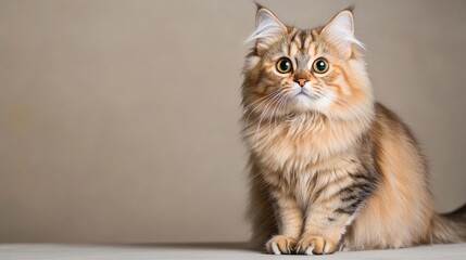 Fototapeta premium Persian cat concept. A fluffy cat with bright eyes poses against a soft neutral background.