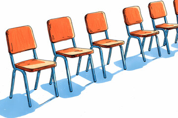 Colorful Empty Chairs in a Row with Shadows on a Bright Background for Interior Design and Waiting Area Concepts