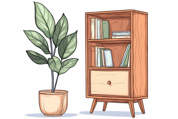 Stylish wooden shelf with books and decorative plant in a cozy interior setting