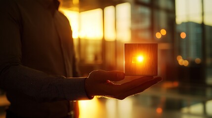 Man holding small box with sunset light.