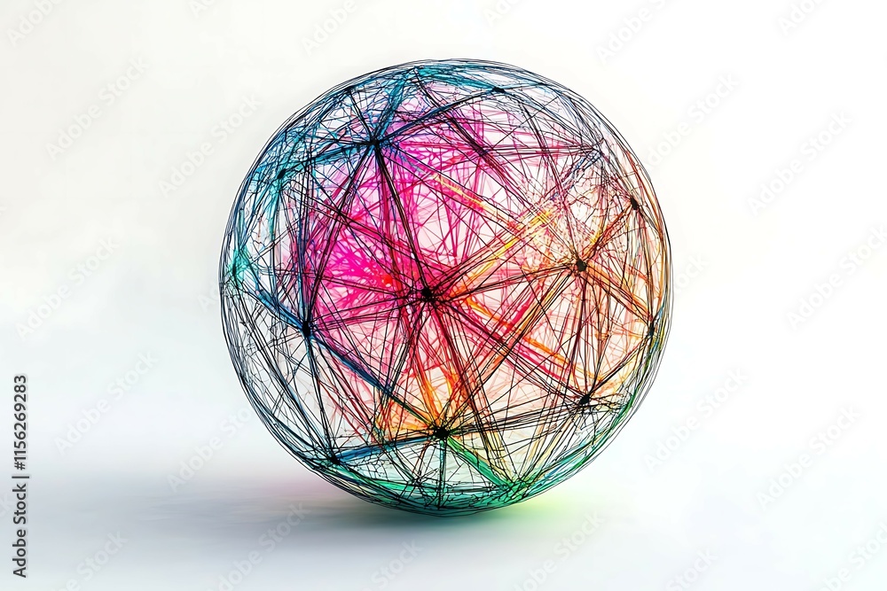 Fototapete rendering of abstract sphere with colorful wire pattern on white background