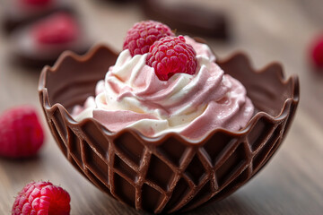 A bowl made of chocolate filled with ice cream with raspberries on top. (Generative AI)