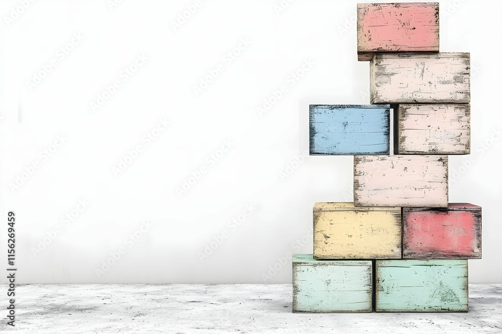 Poster stacked colorful wooden boxes on minimalist background for creative projects and artwork display