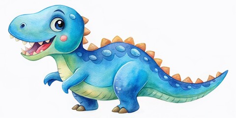 Cute Blue T-Rex Nursery Print, Watercolor Dinosaur Poster, Cartoon Illustration