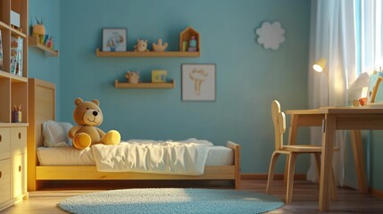 Sunny child's bedroom with wooden furniture, toys, and bookshelves.