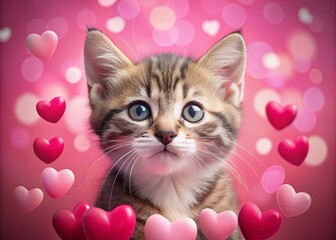 Cute Kitten Hearts Hugs T-Shirt Design, Pink Poster Print