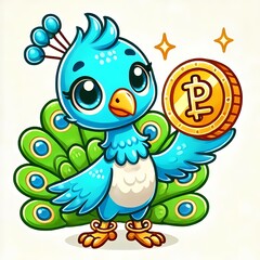 Cute Peacock Holding Gold Coin Cartoon Vector Icon Illustration