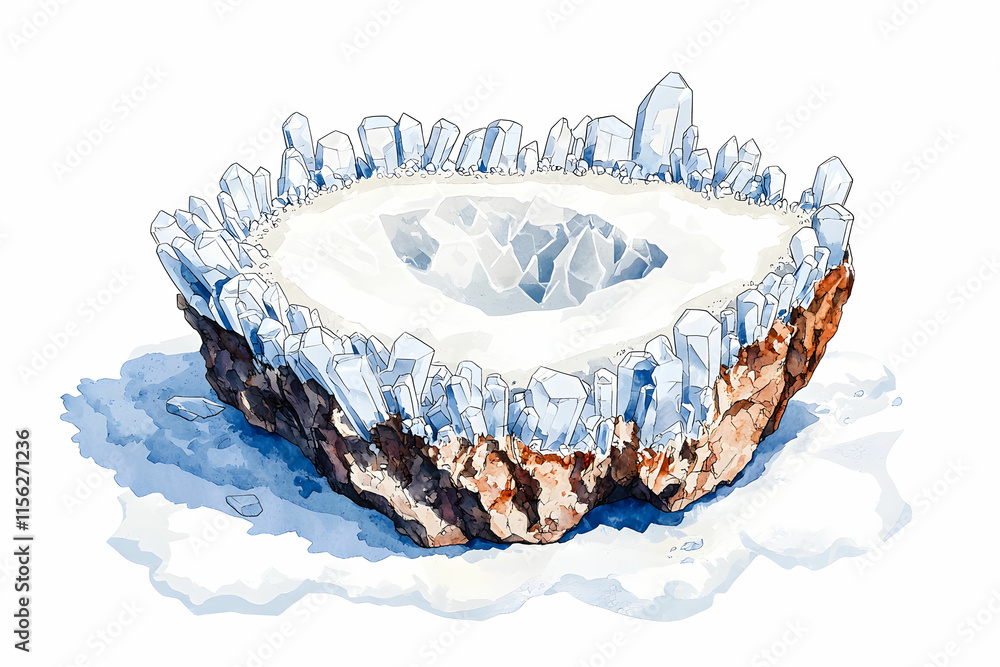 Poster iridescent crystalline geode with sharp clear points surrounded by soft ice-like texture and earthy 
