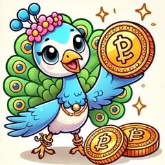 Naklejka premium Cute Peacock Holding Gold Coin Cartoon Vector Icon Illustration
