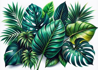 Dark Green Tropical Leaves Watercolor Illustration - Night Photography
