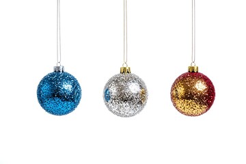 Obraz premium Collection set of five silver, blue, golden and red Chritmas balls hanging with a string
