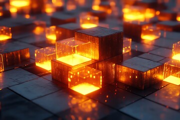 A digital scene featuring glowing cubes on a textured surface, creating a futuristic ambiance.