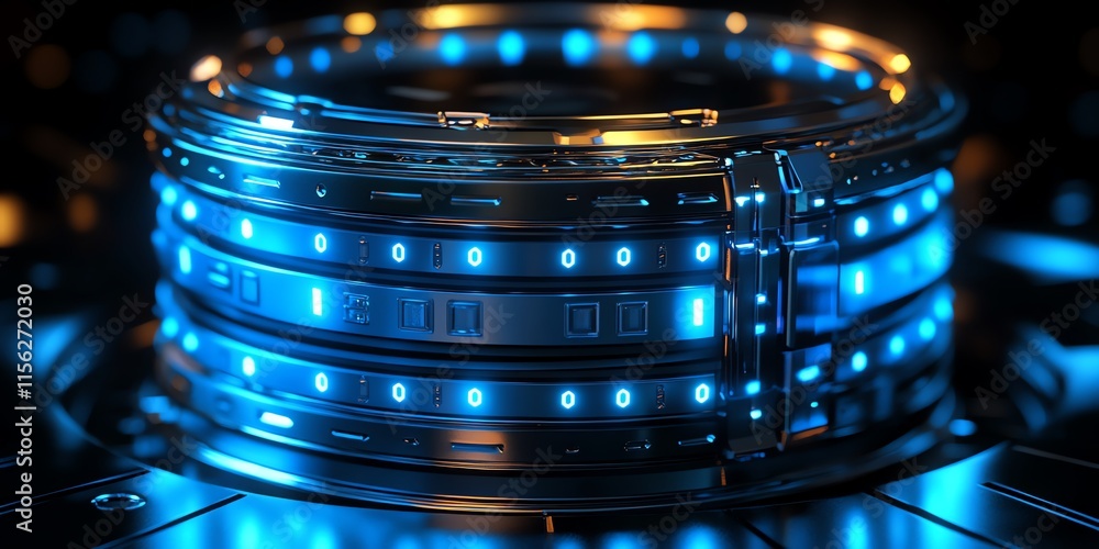 Poster a futuristic, illuminated cylindrical device with glowing blue elements and intricate designs.