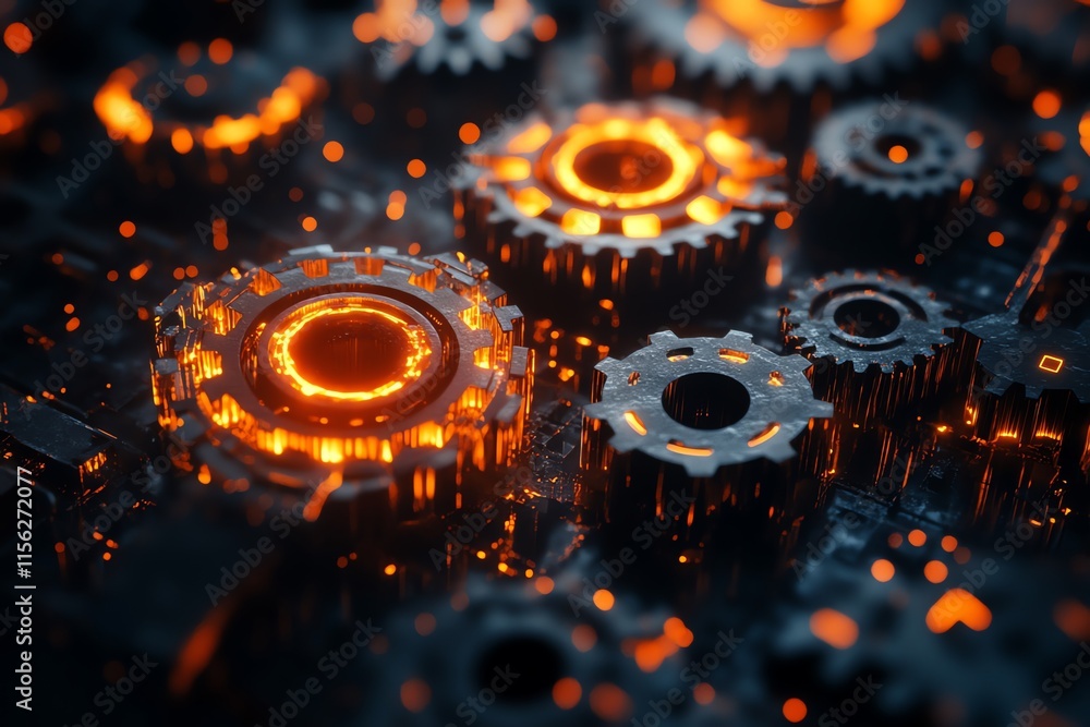 Poster a close-up of interlocking gears with glowing elements, showcasing intricate mechanical design.