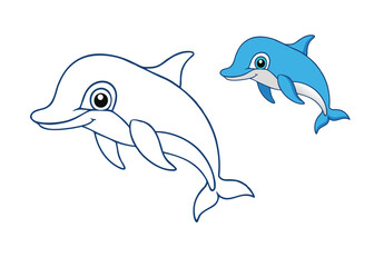 A fun dolphin coloring page featuring a playful dolphin jumping out of the water, surrounded by waves, fish, and a bright sun, perfect for kids to bring to life with colors!