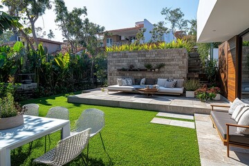 Outdoor patio with stone wall, seating area, white dining table set for four, and paver surfaces adding character to a spacious backyard surrounded by homes.