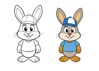 A charming coloring page featuring a cute rabbit wearing a stylish cap, surrounded by simple patterns and playful details, perfect for kids and adults to color creatively.