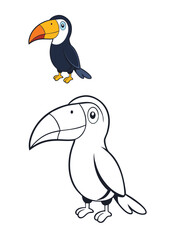Naklejka premium A fun toucan bird coloring page featuring a tropical toucan perched on a branch, surrounded by lush leaves and flowers. Perfect for kids to explore vibrant colors!