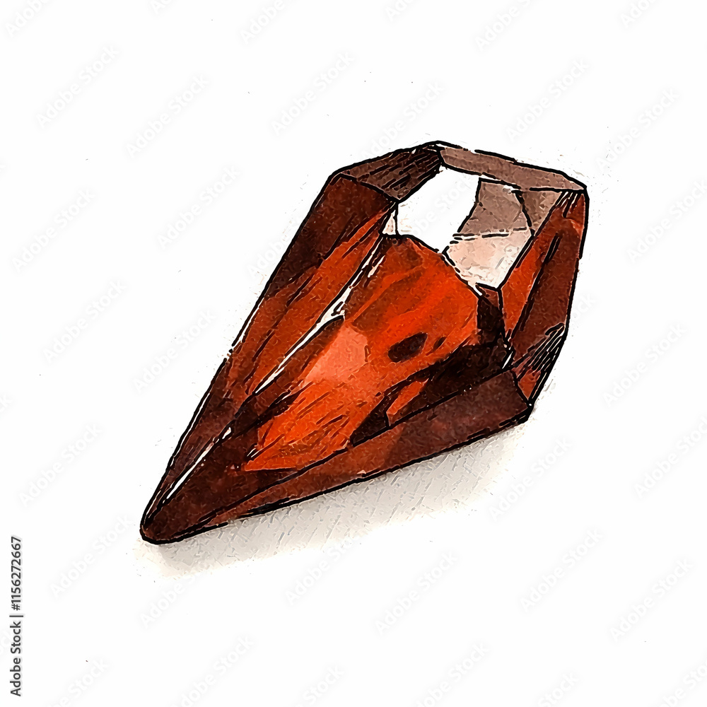 Poster sparkling red gemstone with sharp edges and faceted surface, isolated on white background