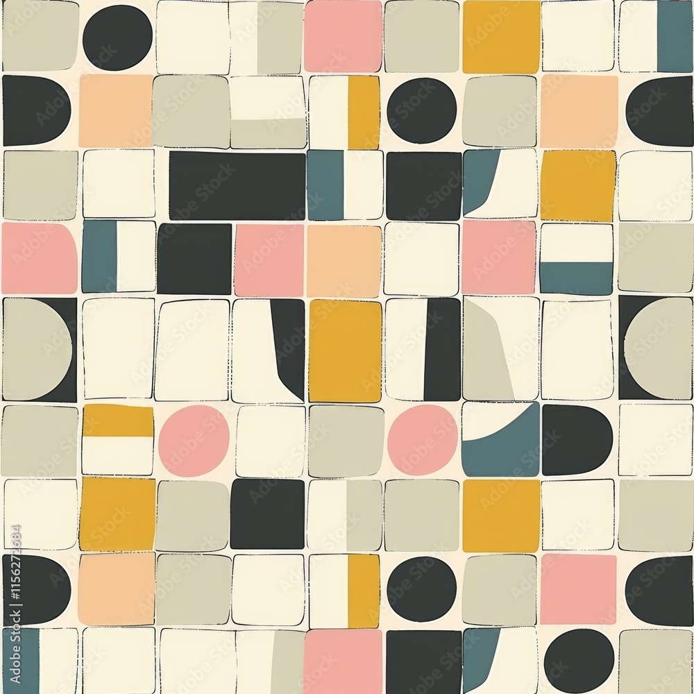 Poster a colorful geometric pattern featuring various shapes and colors for design purposes.