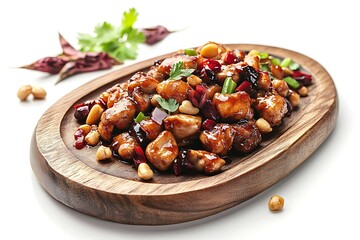 Fototapeta premium Plate with delicious chicken stir fries on white background