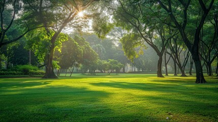 Obraz premium Beautiful morning light in public park with green grass field and green fresh tree plant at Vachirabenjatas Park Bangkok