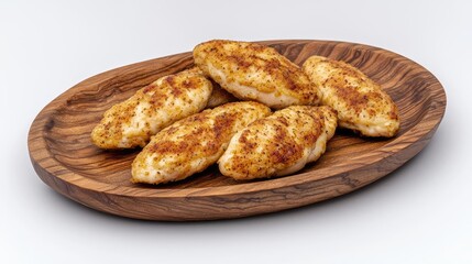 Fried chicken concept. Deliciously seasoned golden-brown chicken fillets on a wooden platter.