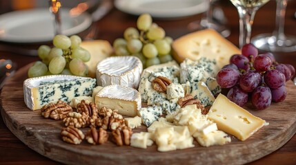 Cheese platter idea. A gourmet cheese platter featuring a variety of cheeses, fruits, and nuts.
