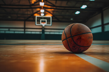 A detailed basketball on court, ready for an intense game.