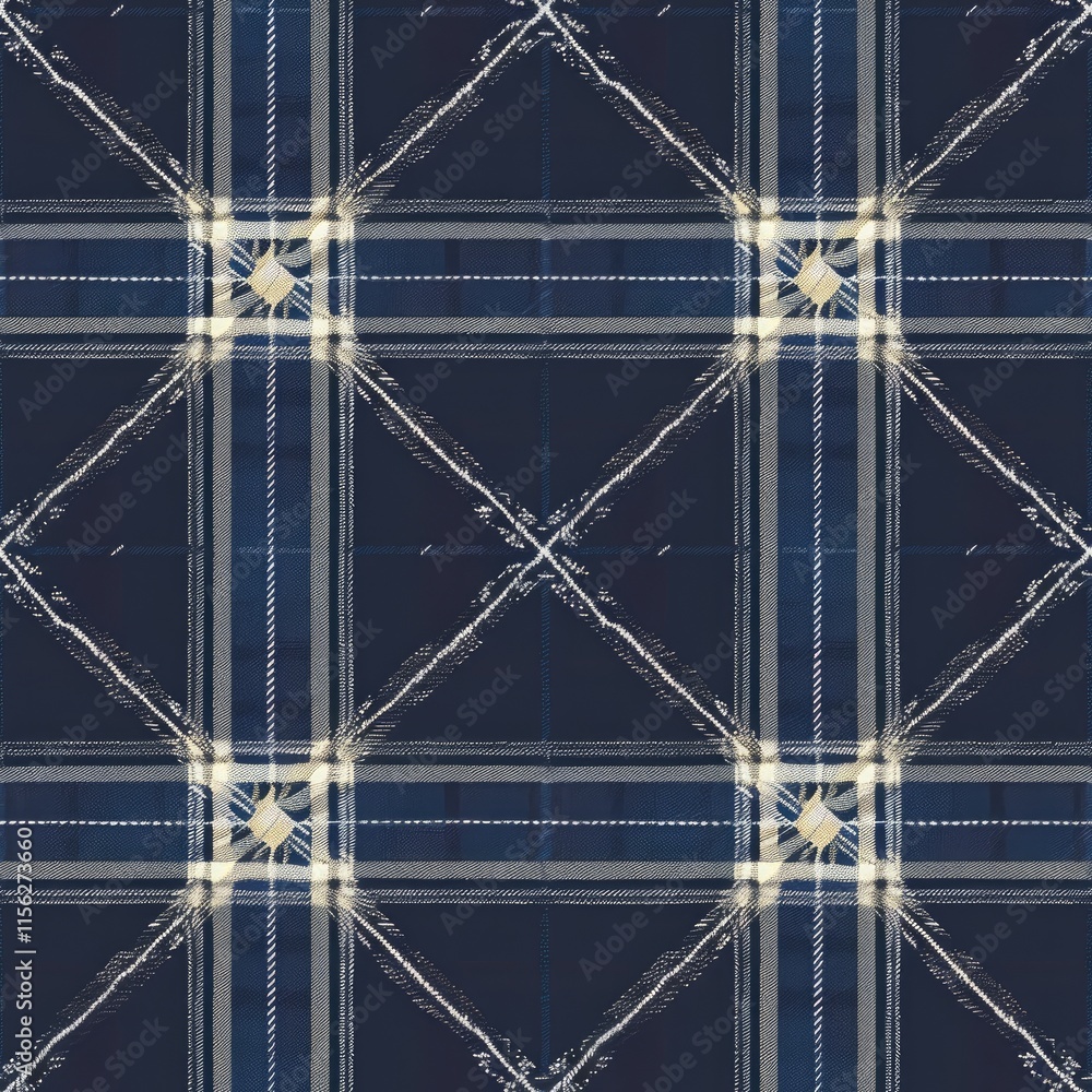 Poster a navy blue plaid fabric pattern with intersecting lines and a textured appearance.