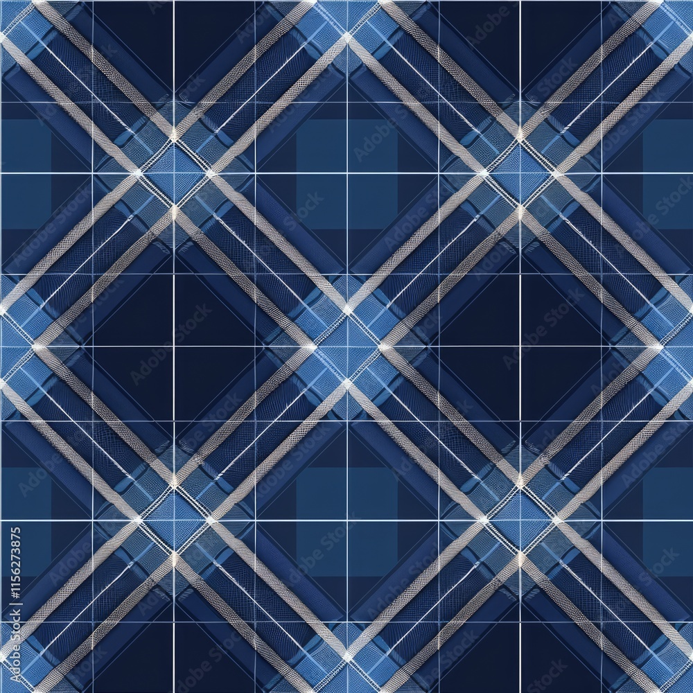 Poster a blue plaid pattern featuring intersecting lines and geometric shapes.