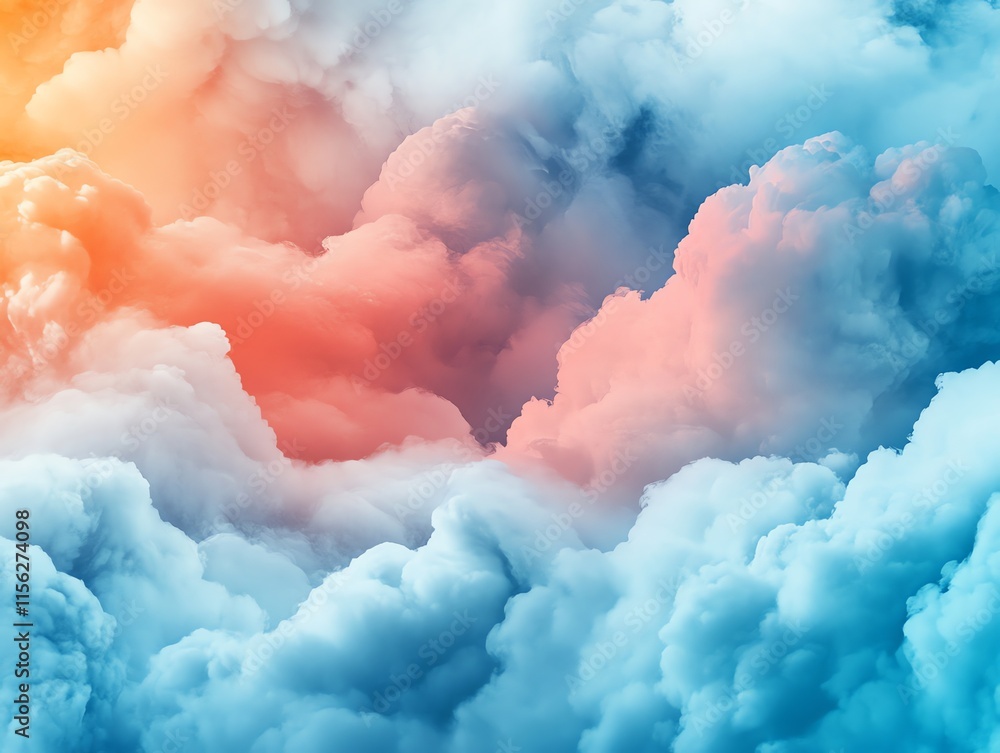 Poster a vibrant display of colorful clouds in shades of blue and orange, creating a dreamy atmosphere.