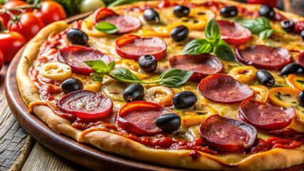 Delicious Pizza with Cheese, Sausage, Olives & Pepperoni - Gourmet Food Photography