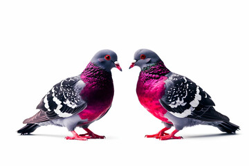 Fototapeta premium Colorful pigeons with striking plumage on a white background posing together in a vibrant, natural scene