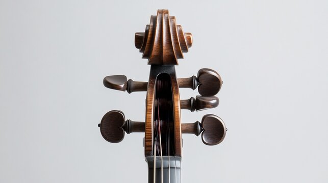 Close-up of a violin scroll and tuning pegs.
