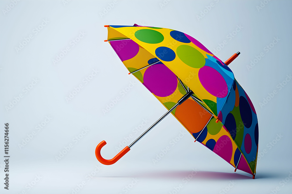 Poster vibrant polka dot umbrella with colorful design and unique structure against a light background