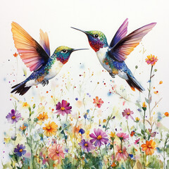 Obraz premium watercolor illustration with flowers and hummingbird