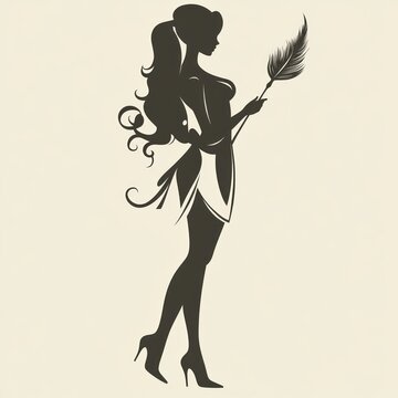 recommend clip art: Elegant silhouette of a maid holding a feather duster.