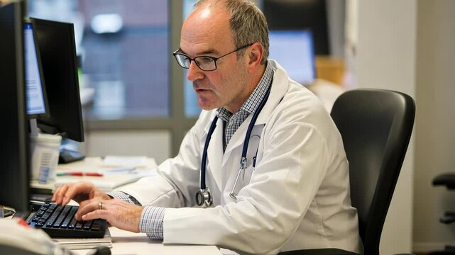 Doctor working diligently at a computer in a medical office during regular office hours