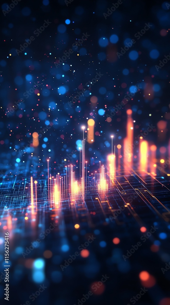 Aufkleber Abstract digital visualization with glowing bars and particles representing data trends.
