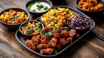 Fototapeta premium Fried chicken concept. Vibrant platter of assorted dishes including salads and fried foods on a wooden table.