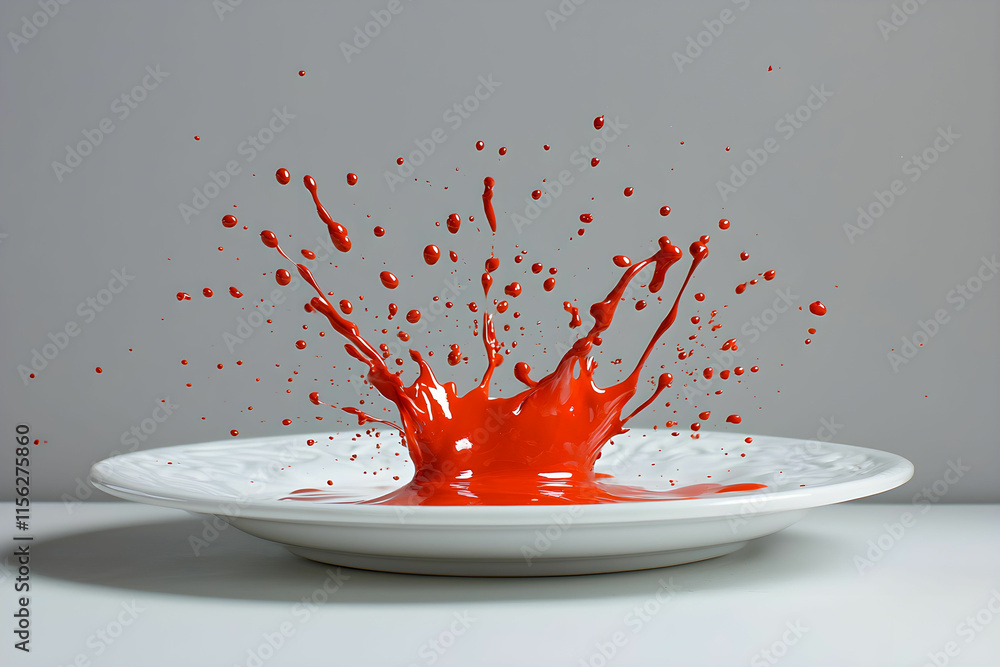 Aufkleber red paint splash creating vibrant patterns on a white plate against a gray background