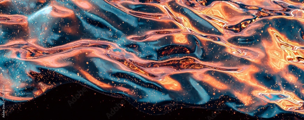 Poster abstract liquid surface with iridescent colors, flowing patterns and sparkling bubbles captured in a