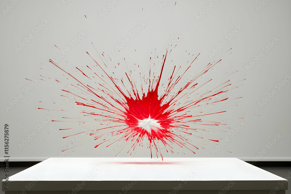 Poster bright red paint explosion on white surface creating dynamic artistic splash effect in modern art sp