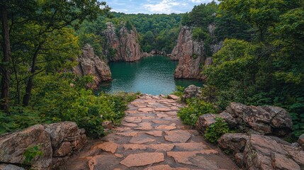 Tranquil Pathway Leading to Crystal Clear Lake Surrounded by Lush Green Trees Creating a Peaceful and Inviting Natural Landscape Scene
