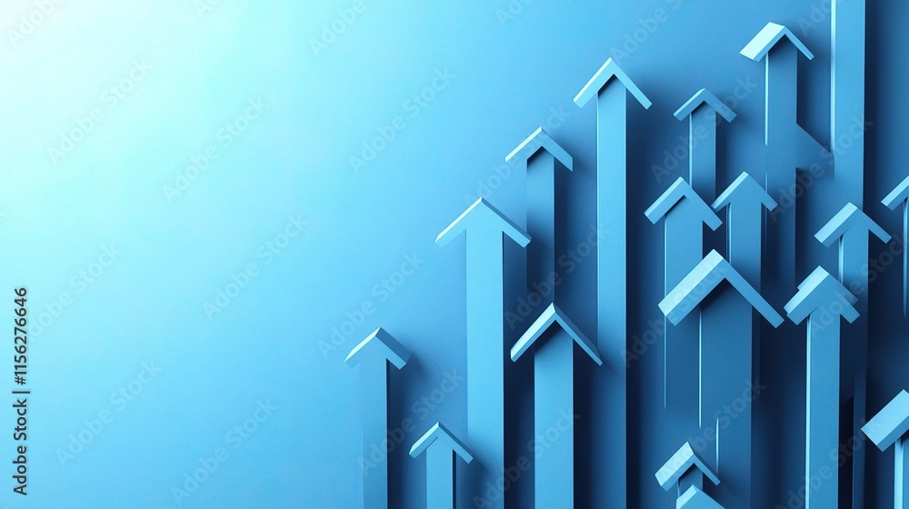 Poster blue background with multiple upward pointing arrows design elements