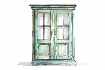 Vintage Green Cabinet with Glass Doors and Elegant Design for Home Decoration and Furniture Showcase